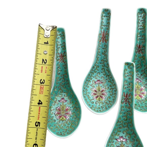 Set Of 4 Chinese Porcelain Soup Spoons With Floral Design In Green & Pink - Picture 3 of 5